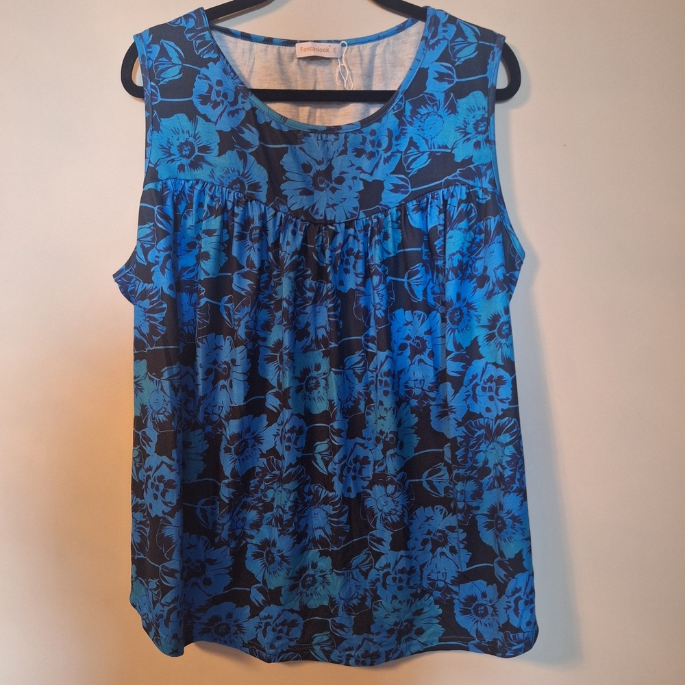 Fantaslook Blue Floral Sleeveless Blouse Pleated Empire Waist Tank Top Size 3XL